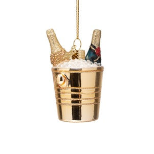 Glass Bottles of Champagne in Gold Cooler Ornament