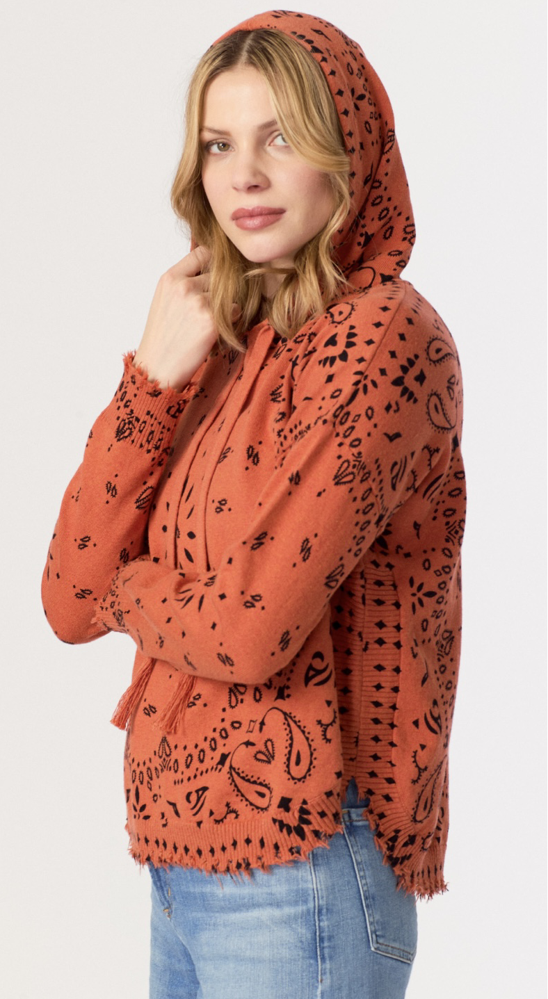 Bandana Distressed Hoodie in Burnt Orange