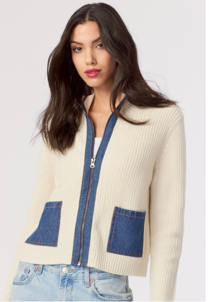 Denim 2 Pocket Shaker Zip Front Cardie in Oat