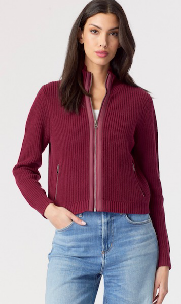 Nylon Trim Zip Front Shaker Cardi in Bordeaux