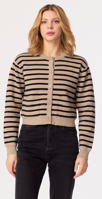 Striped Button Front Cardi in Mushroom/Black