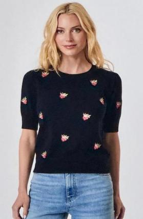 Puff Sleeve Strawberry Crew in Navy