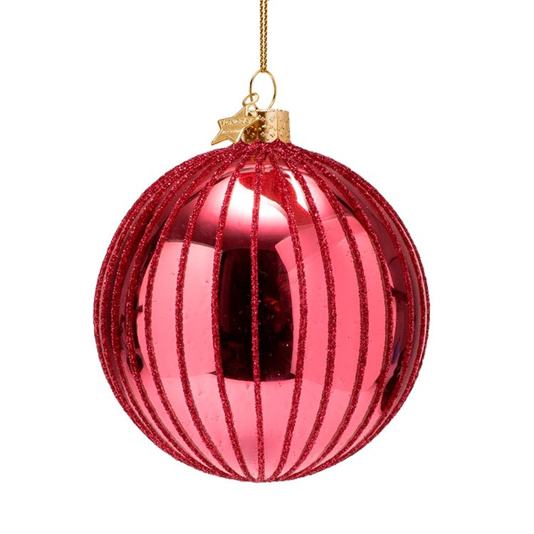Glass Burnt Pink w/ Glitter Stripes Bauble Ornament