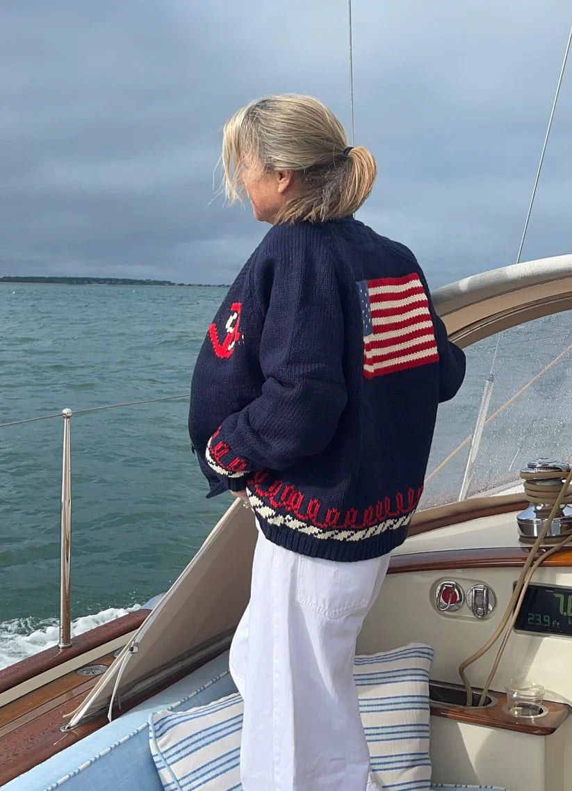 Flag Varsity Cardigan w/ Vintage Trim in Navy