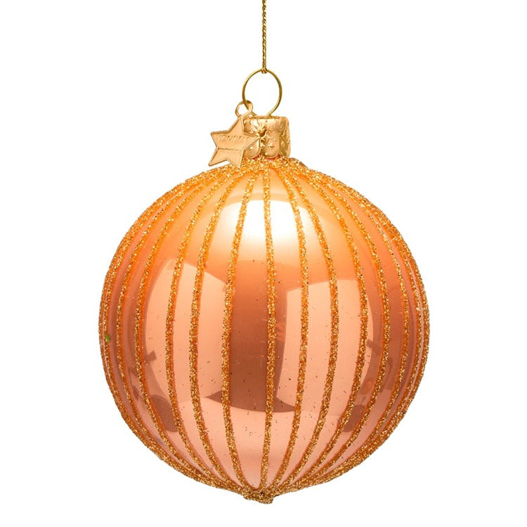 Glass Opal Peach w/ Glitter Stripes Bauble Ornament
