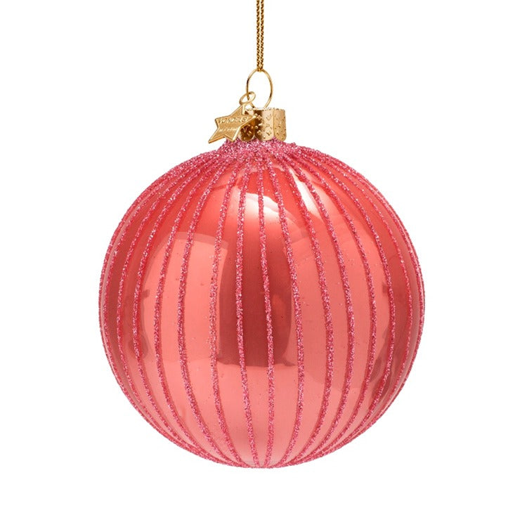 Glass Orange Copper w/ Glitter Stripes Bauble Ornament
