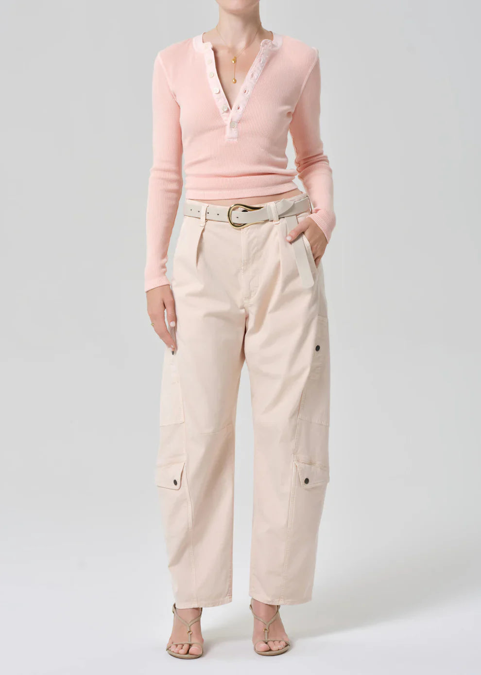 Drea Waffle Henley in Melon Creme