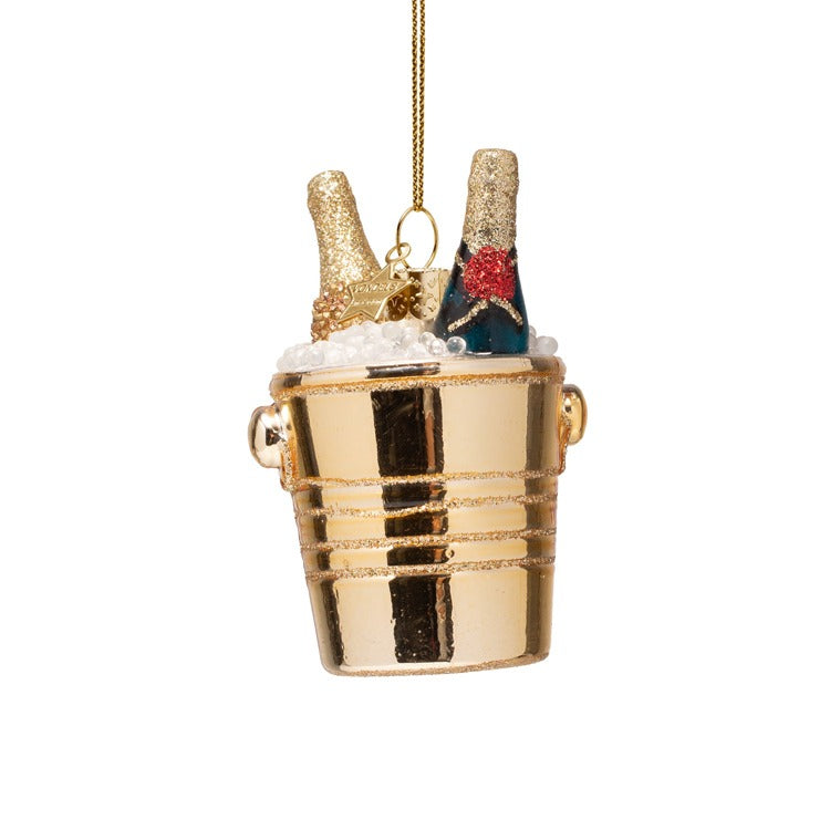 Glass Bottles of Champagne in Gold Cooler Ornament