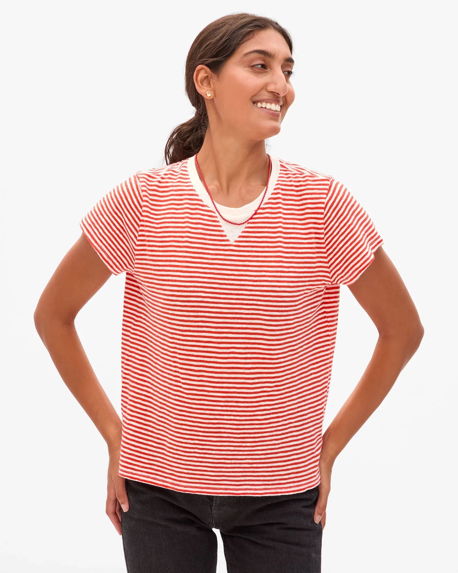 Classic Tee in Bright Poppy/Cream Mini Stripe