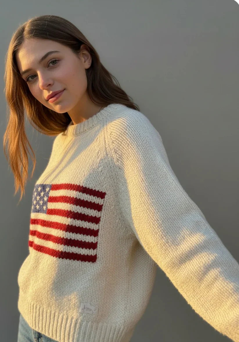 Vintage Inspired American Flag Sweater in Ivory