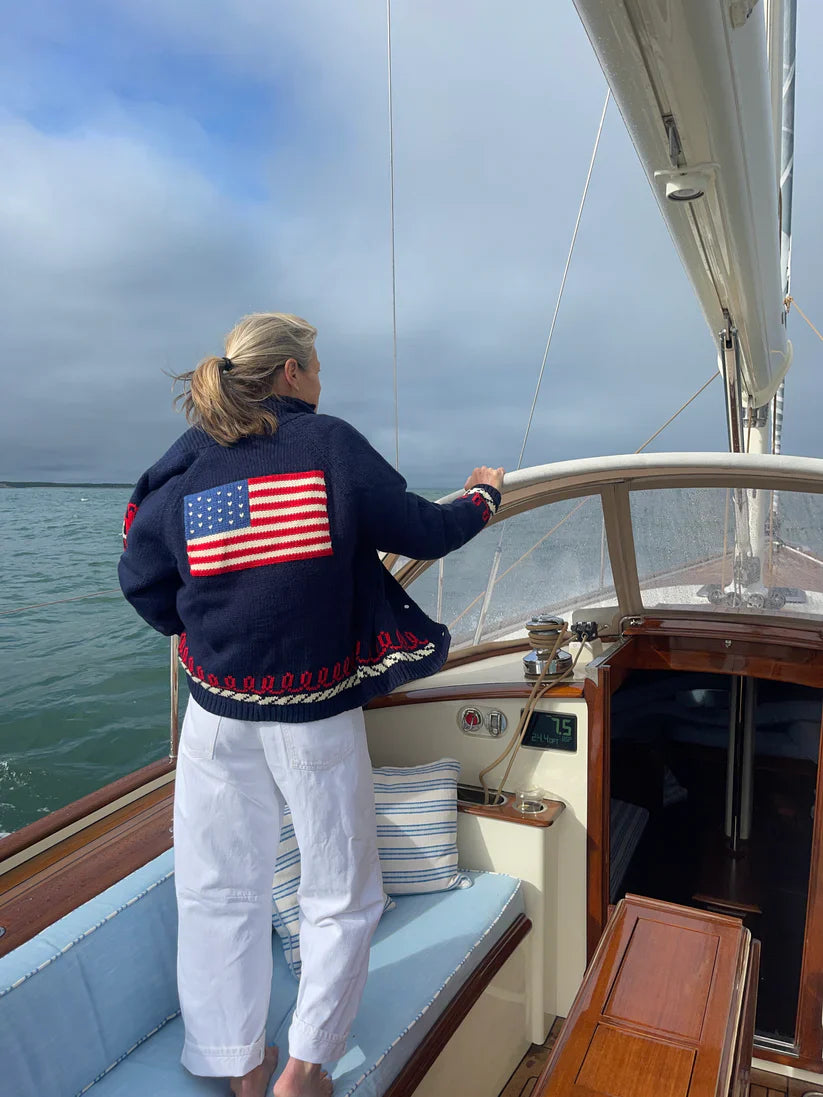 Flag Varsity Cardigan w/ Vintage Trim in Navy