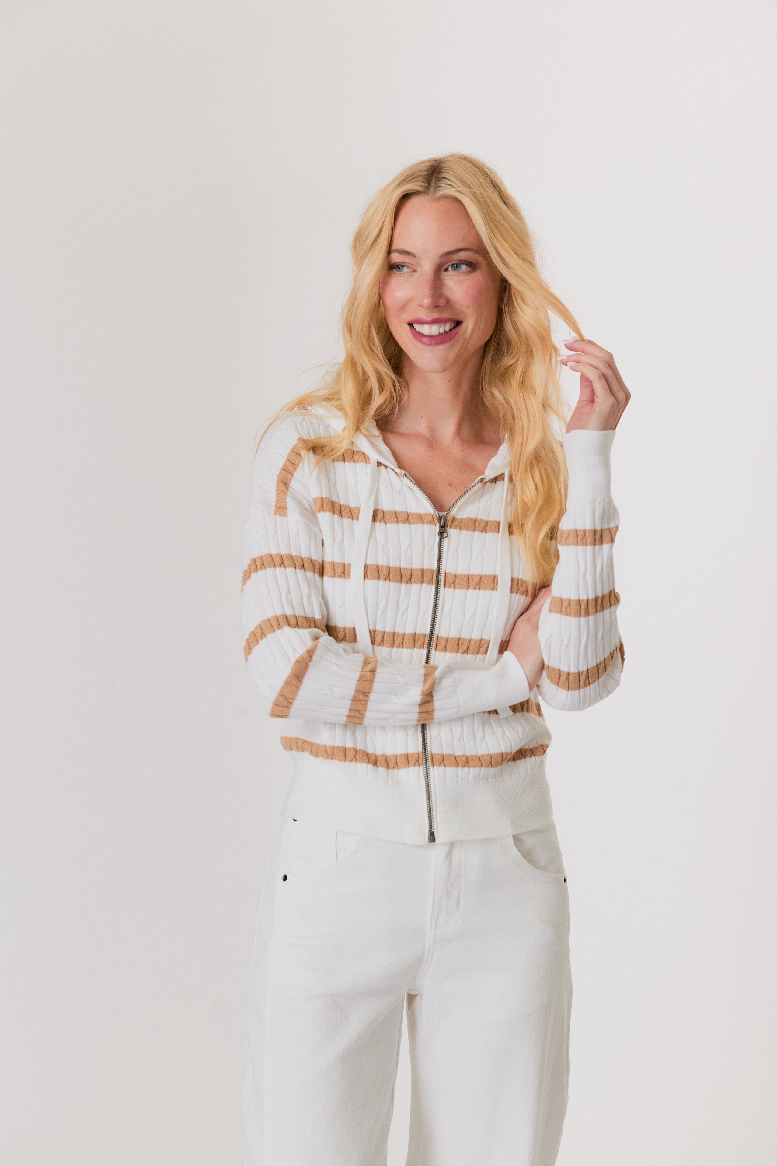 Striped Cable Zip Hoodie in White/Camel