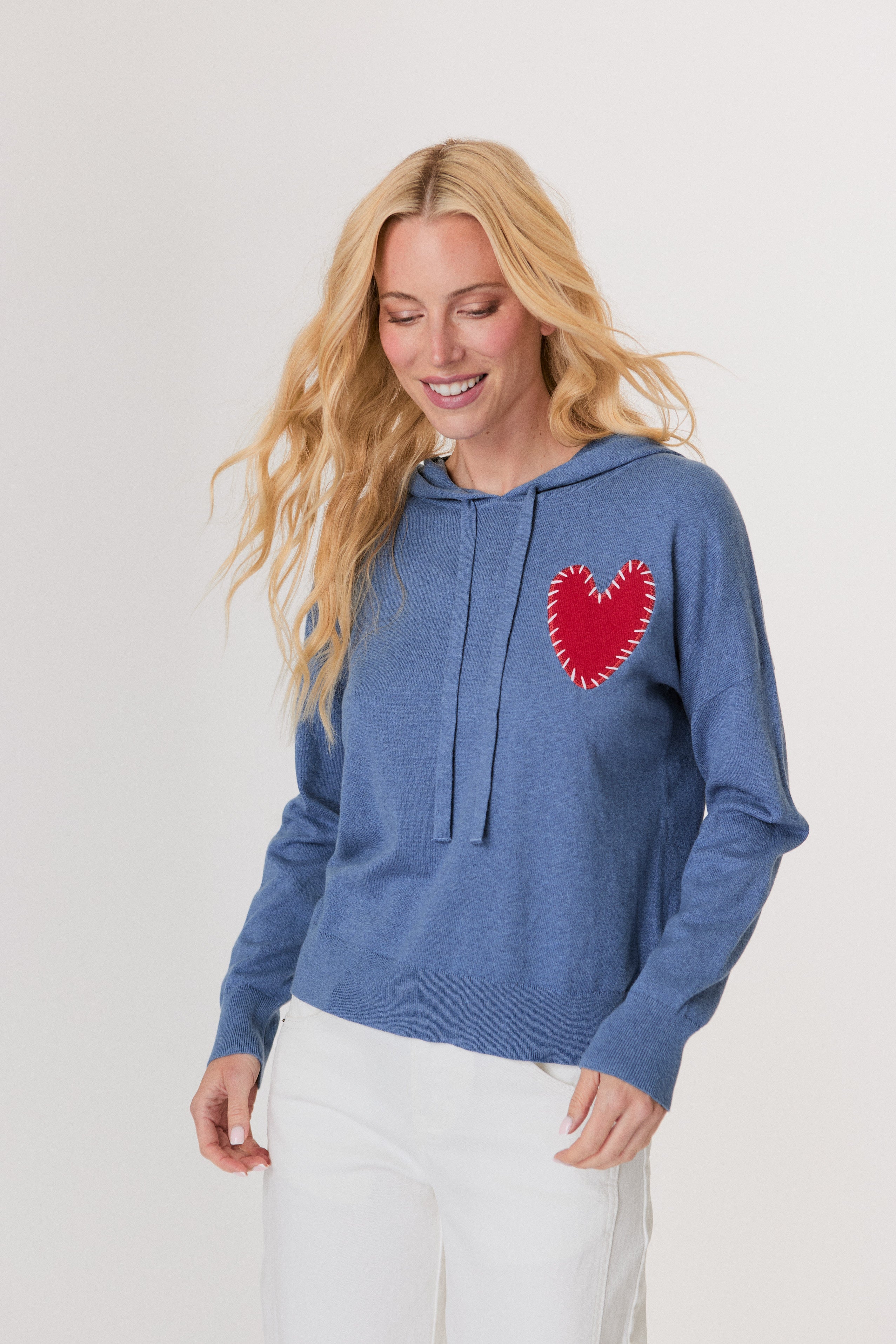 Embroidered Heart Hoodie in Azure/Red