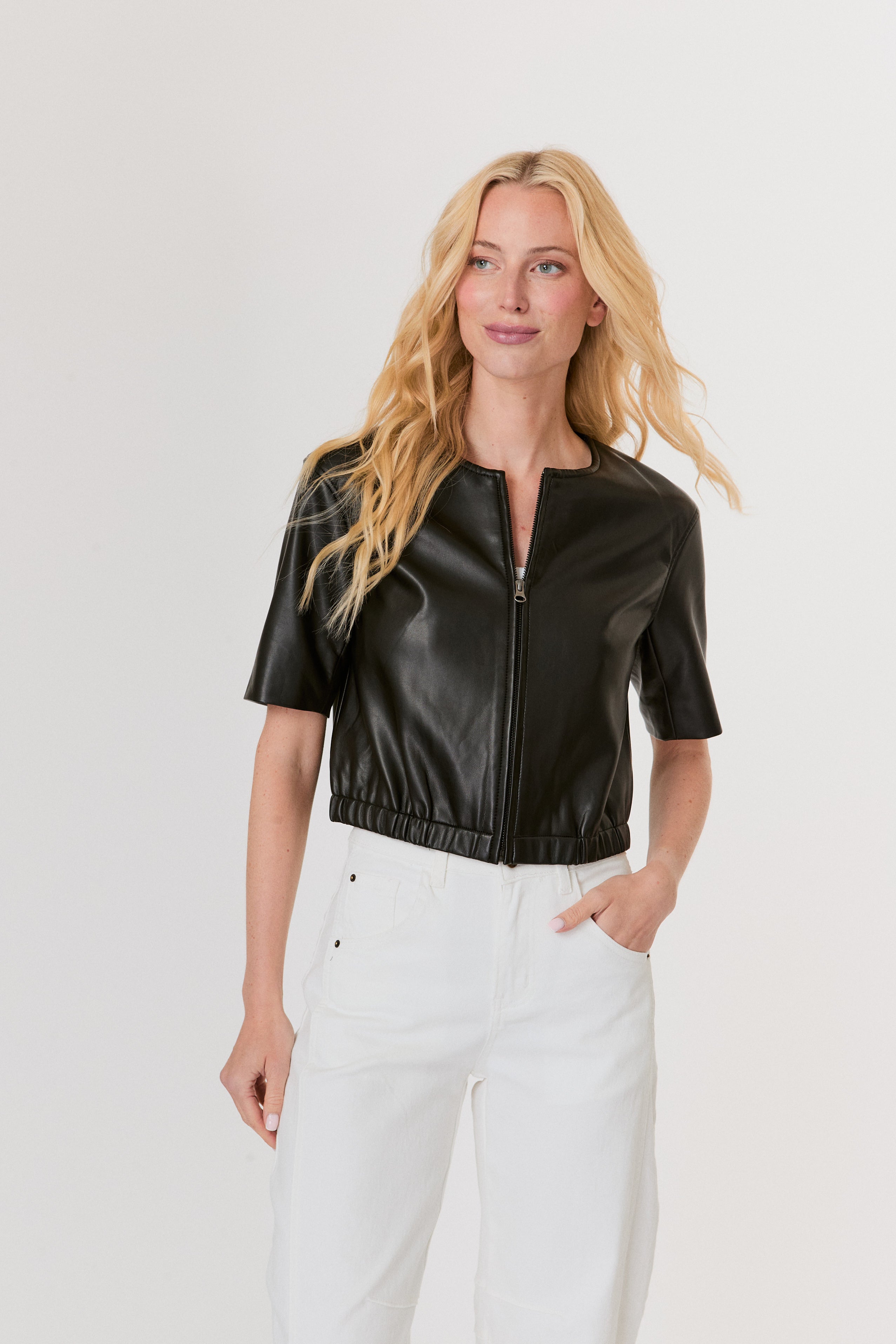 Short Sleeve Bomber Jacket in Black