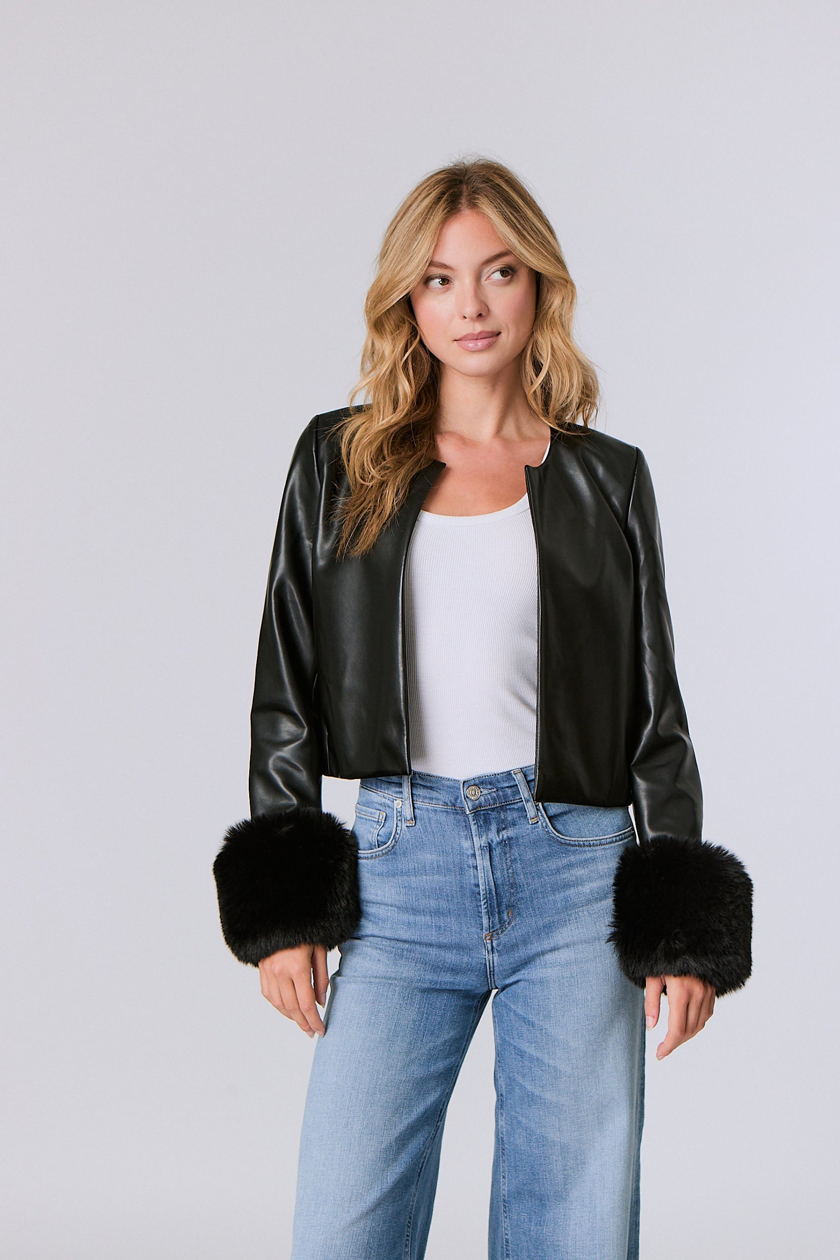Faux Leather Cardi Jacket w/ Fur Cuffs in Black