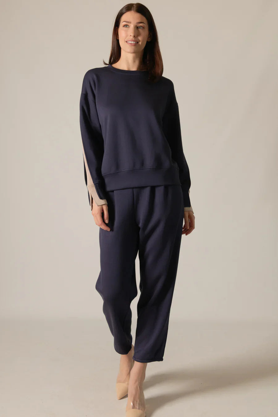 Josie Double Layered Sleeve Top in Navy/Taupe