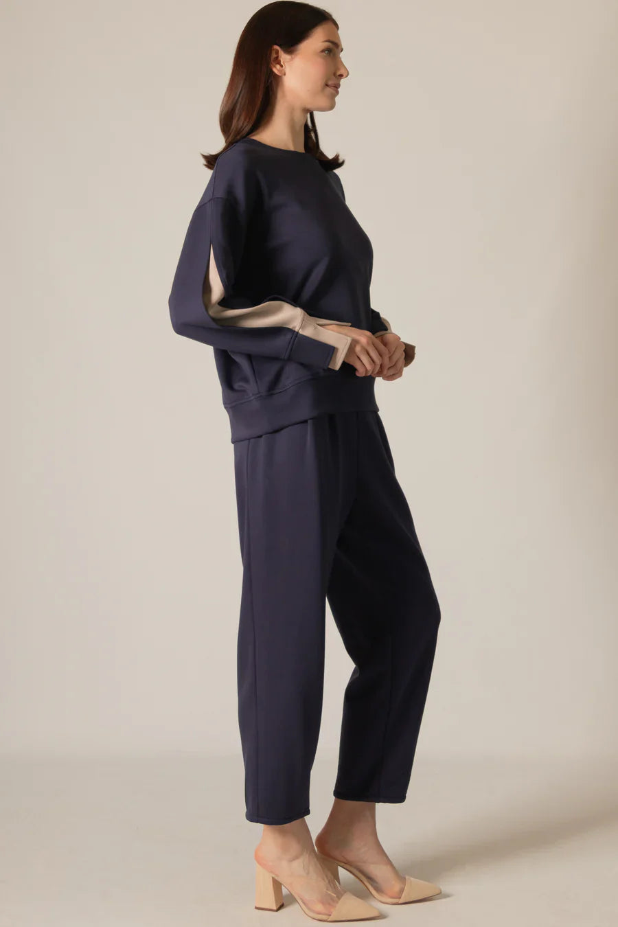 Josie Double Layered Sleeve Top in Navy/Taupe