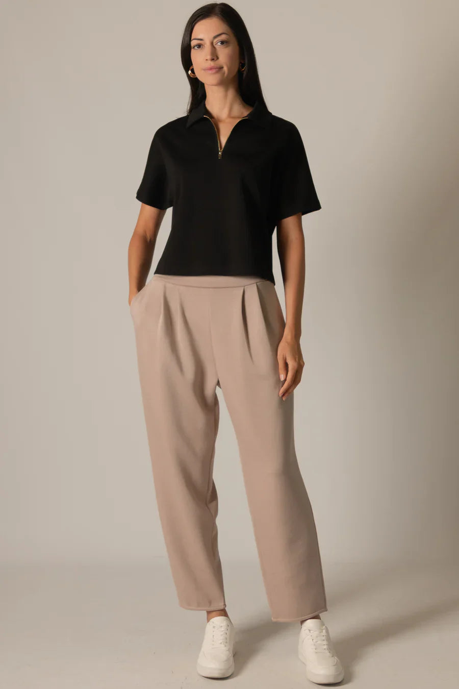 Millie Short Sleeve Zip Up Top in Black