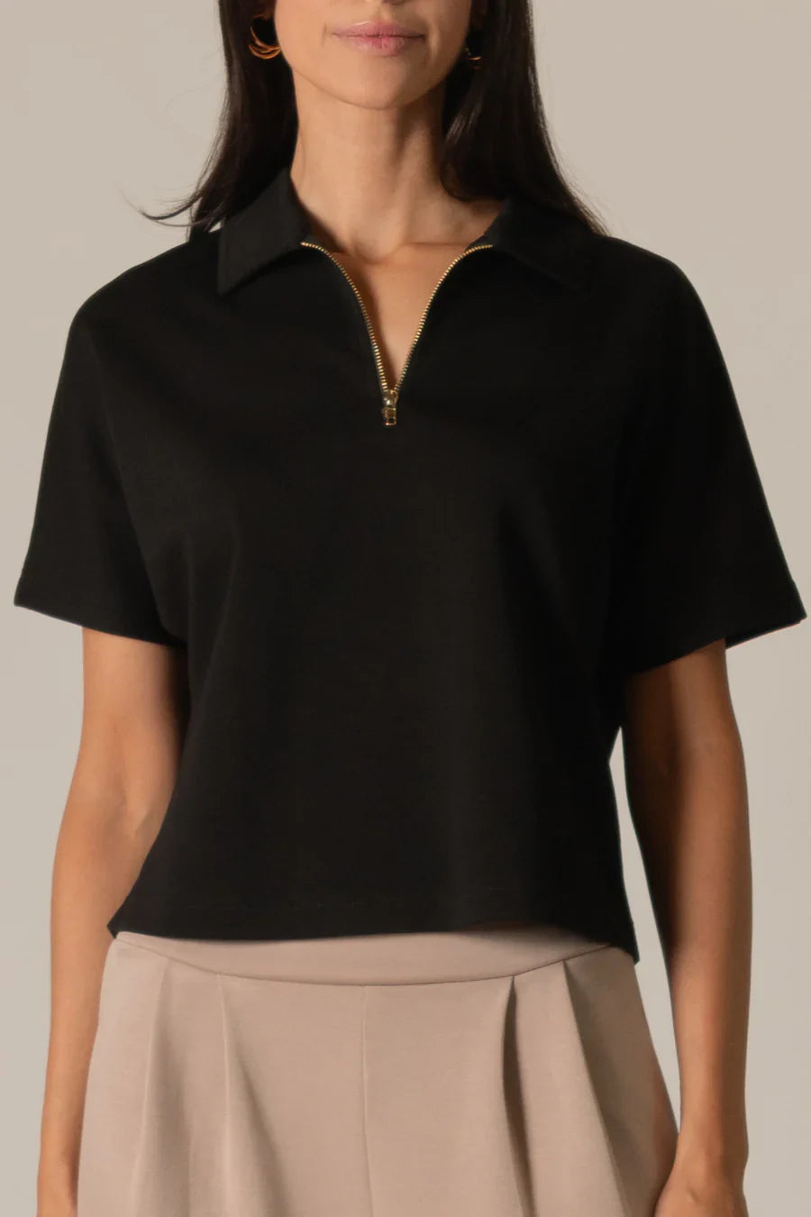 Millie Short Sleeve Zip Up Top in Black