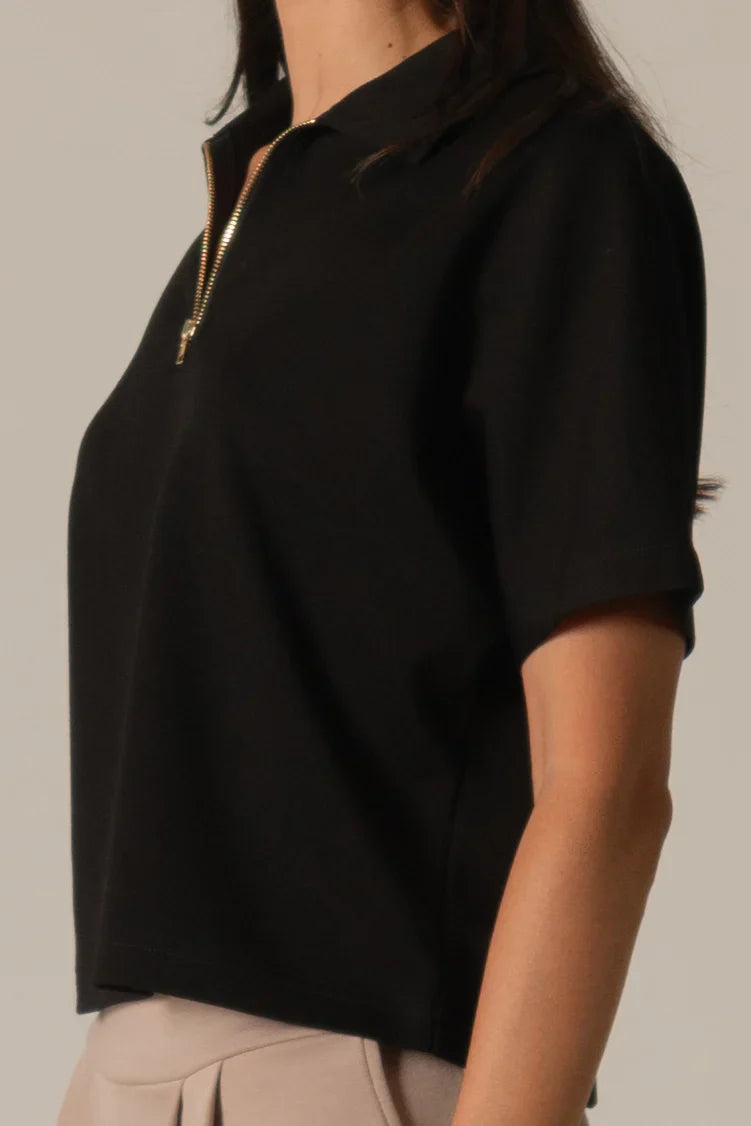 Millie Short Sleeve Zip Up Top in Black