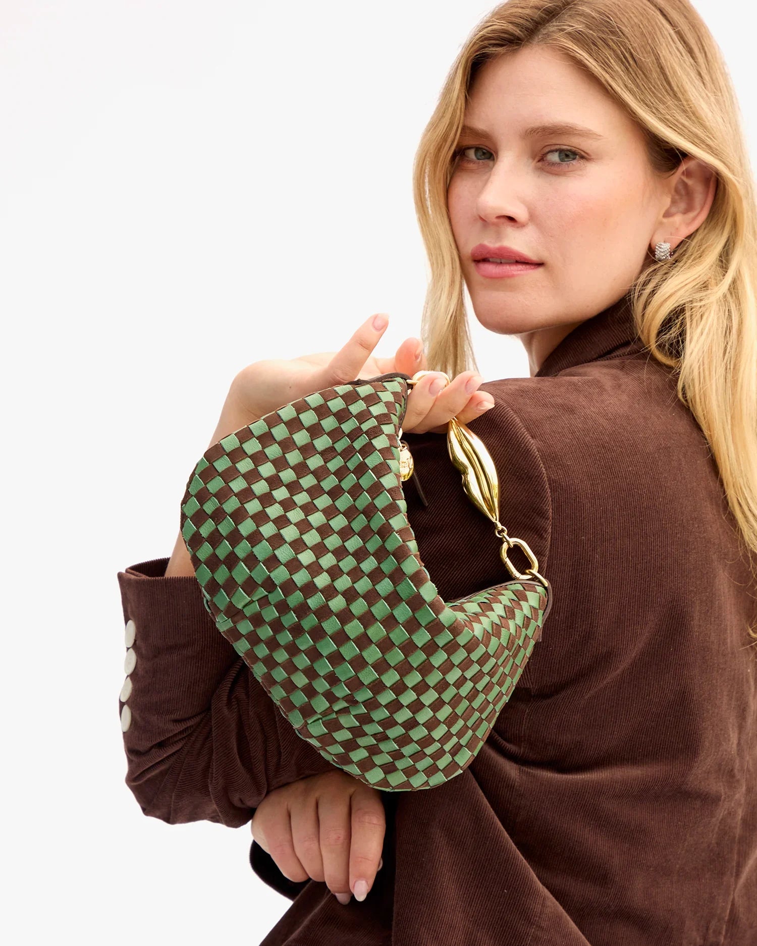 Petit Moyen Messenger in Deep Pine/Chocolate Suede Woven Checker