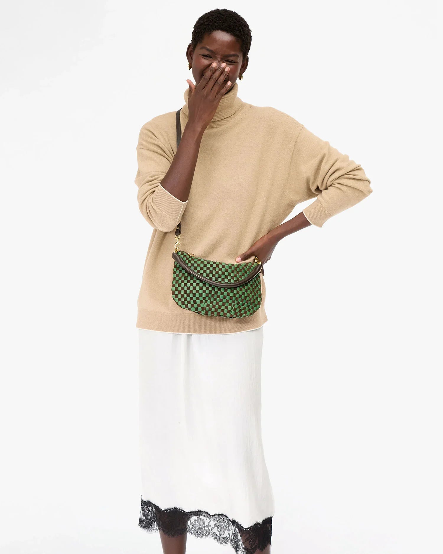 Petit Moyen Messenger in Deep Pine/Chocolate Suede Woven Checker