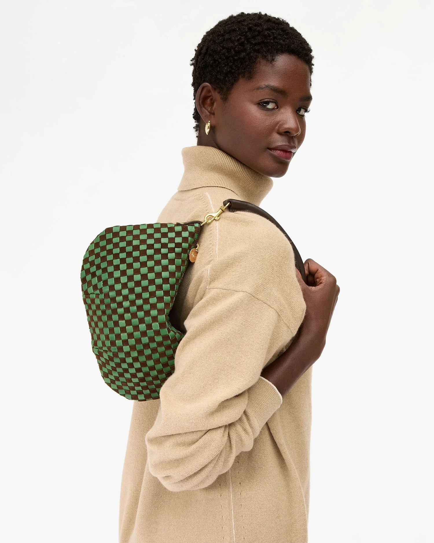 Petit Moyen Messenger in Deep Pine/Chocolate Suede Woven Checker