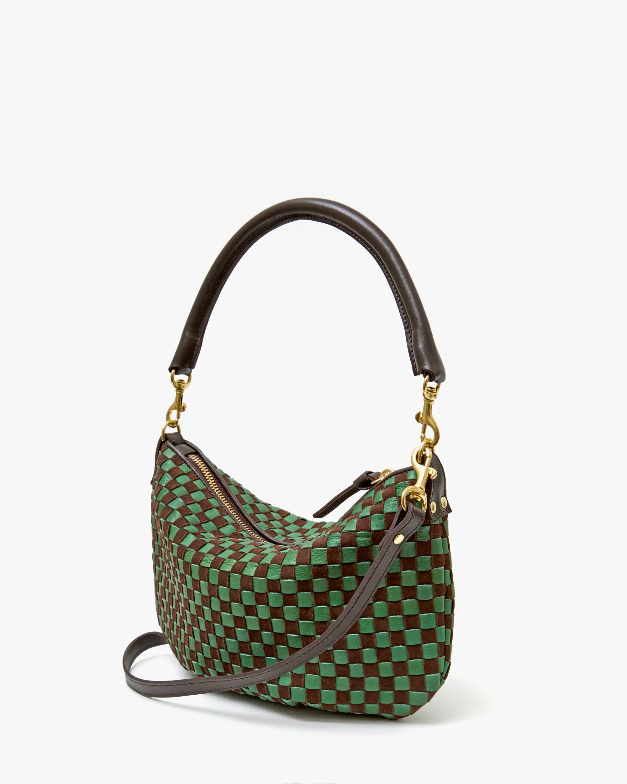 Petit Moyen Messenger in Deep Pine/Chocolate Suede Woven Checker