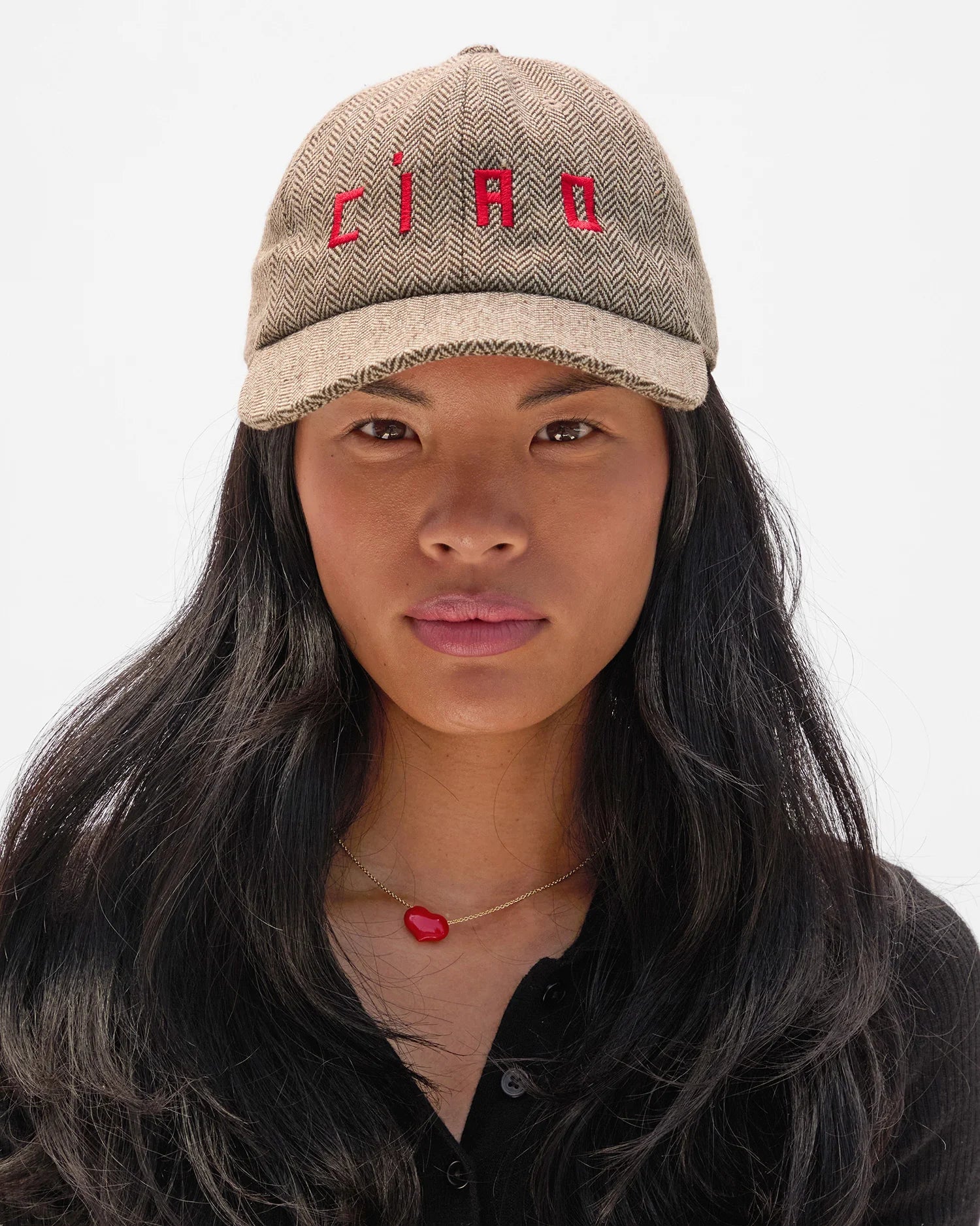 Wool Baseball Hat in Taupe w/ Super Red Embroidered Ciao
