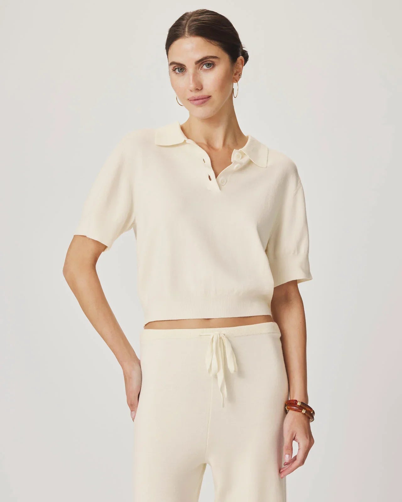 Christa Polo Short Sleeve Sweater in Shell