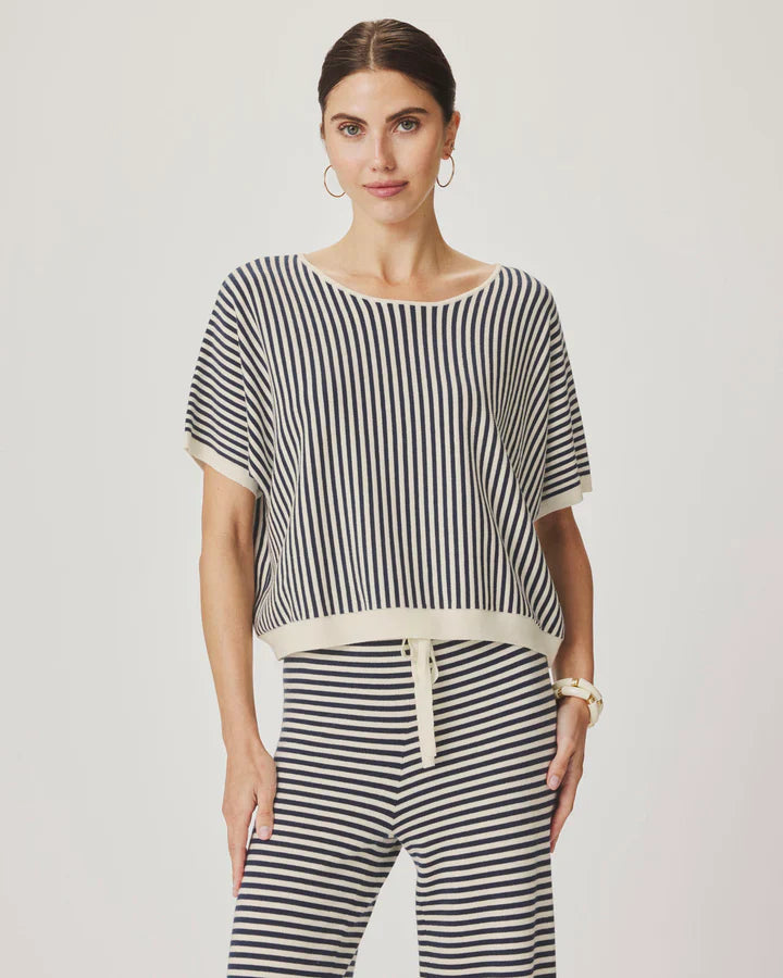 Christa Stripe Short Sleeve Sweater in Shell / Mood Indigo