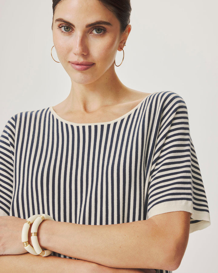Christa Stripe Short Sleeve Sweater in Shell / Mood Indigo