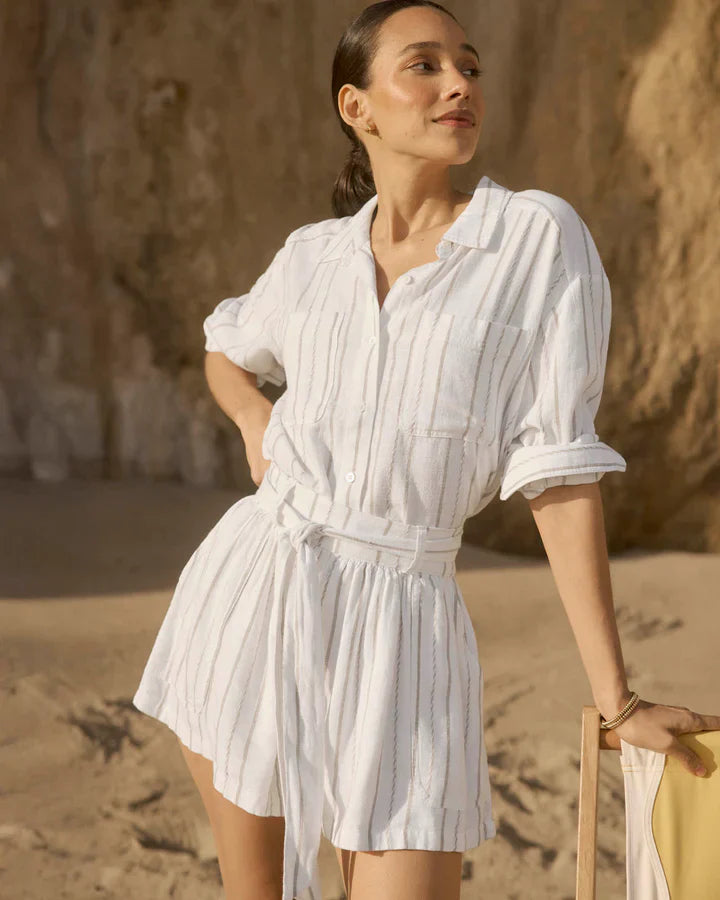 Gabrielle Stripe Button Down Shirt in White Fawn