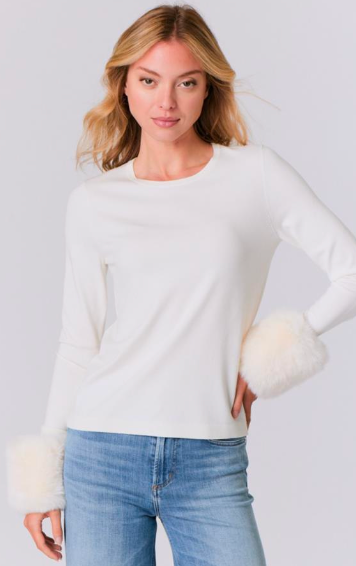 Crew Sweater w/ Fur Cuffs in Vanilla