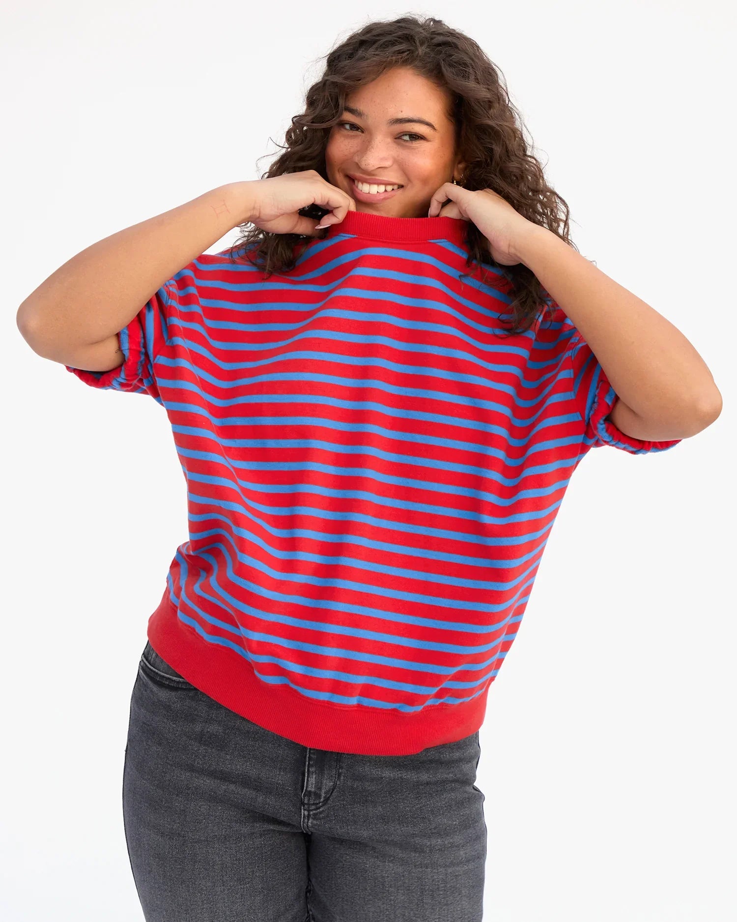 Short Sleeve Oversized Sweatshirt in Red/Bright Cobalt Stripes