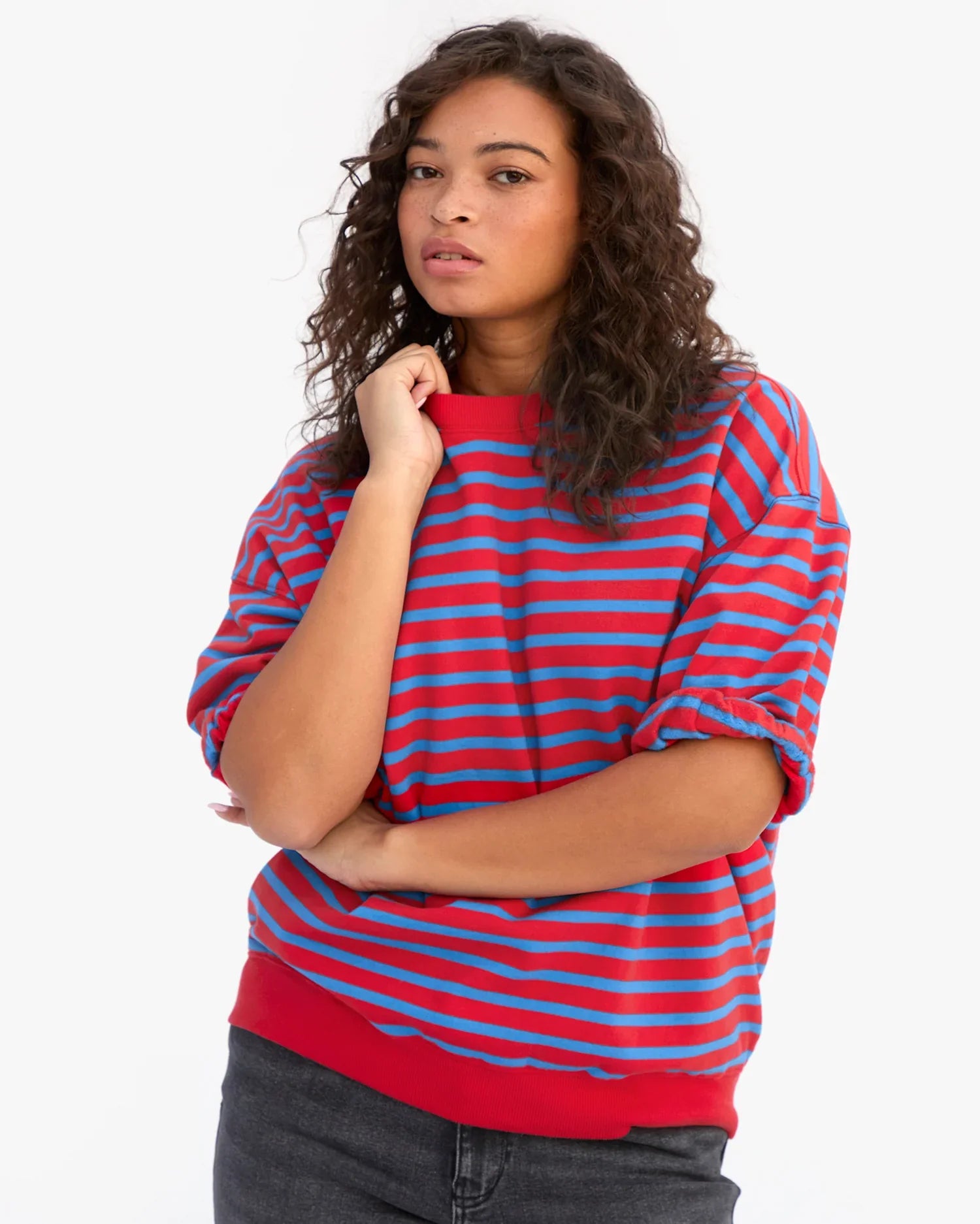 Short Sleeve Oversized Sweatshirt in Red/Bright Cobalt Stripes