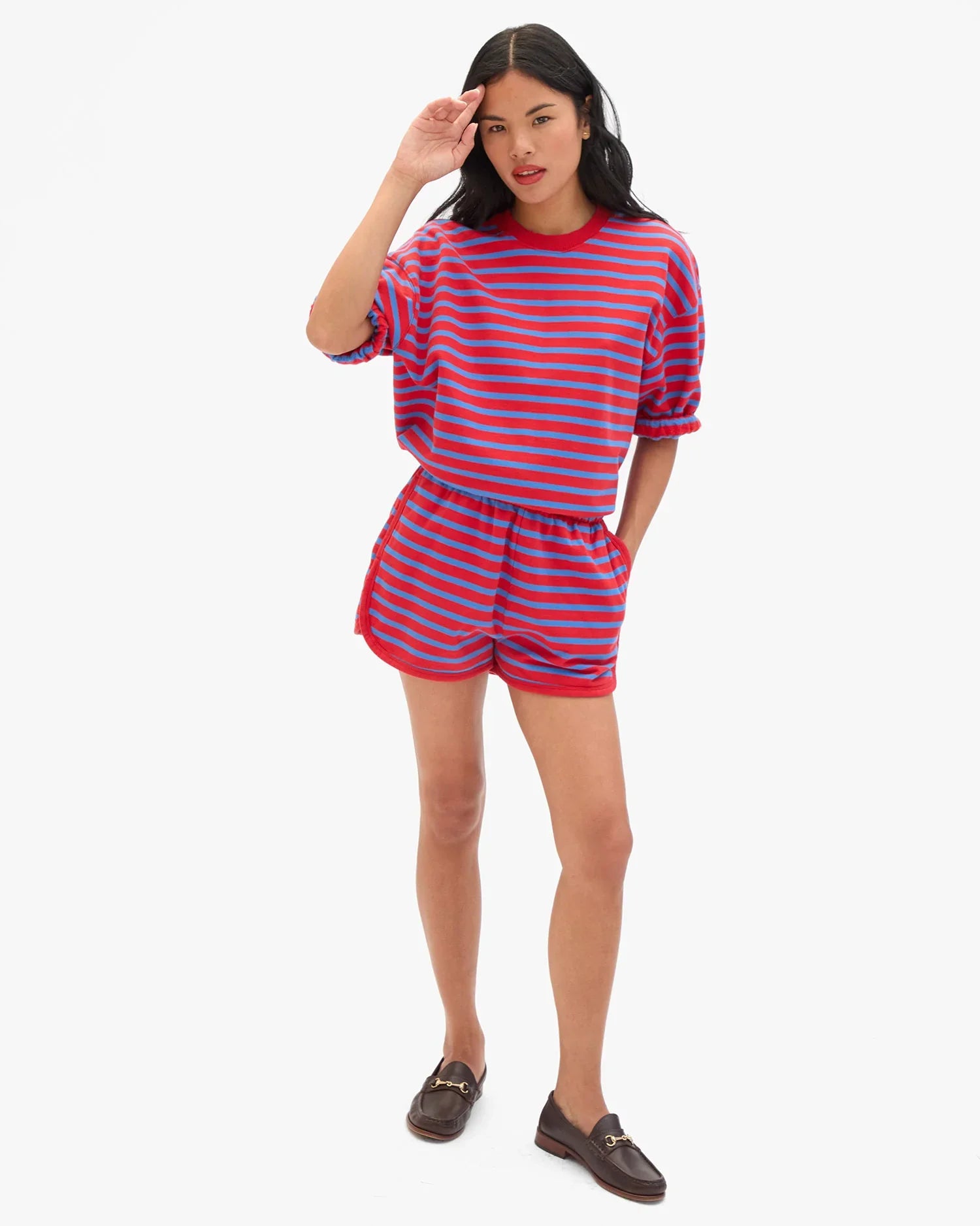 Short Sleeve Oversized Sweatshirt in Red/Bright Cobalt Stripes