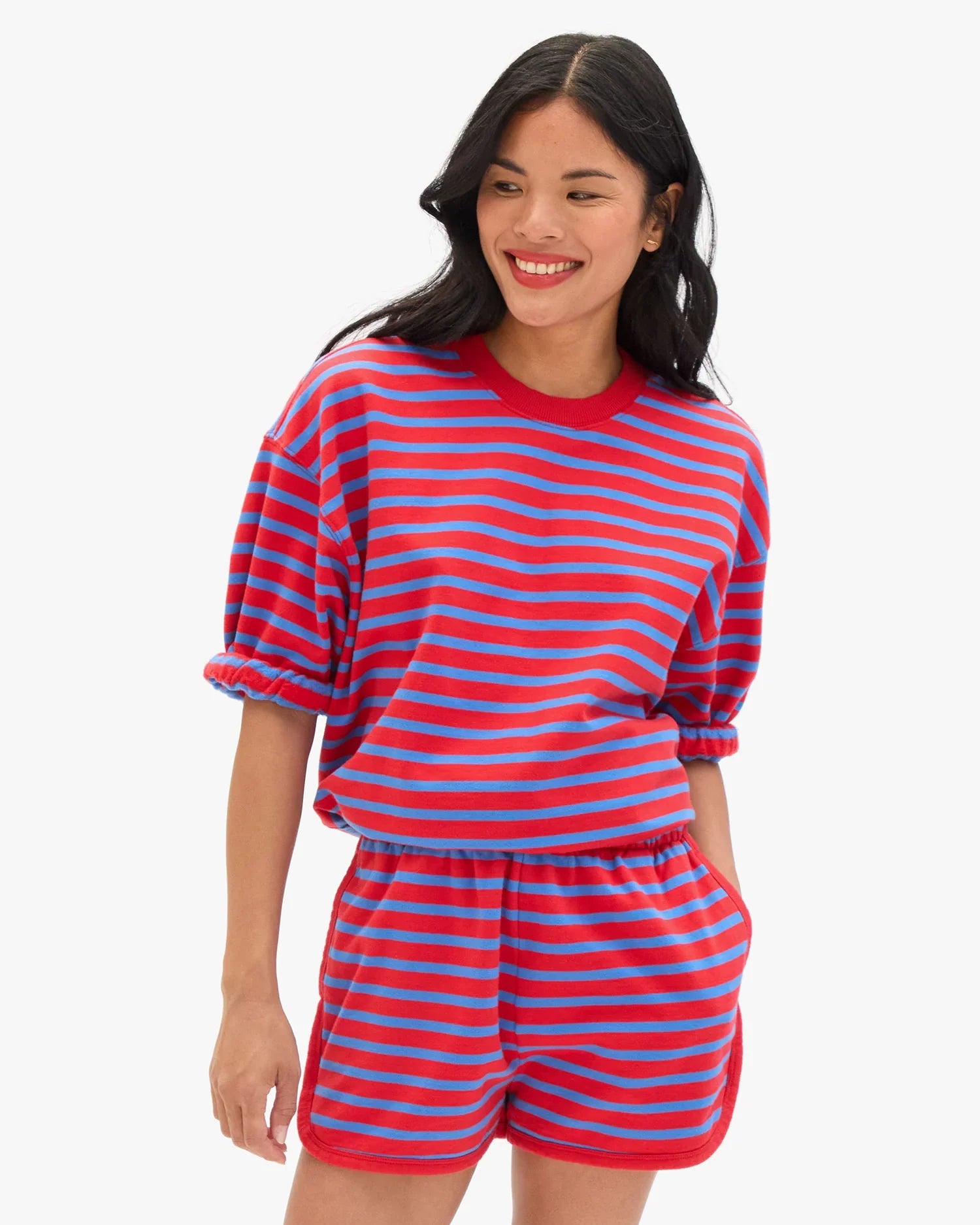 Short Sleeve Oversized Sweatshirt in Red/Bright Cobalt Stripes