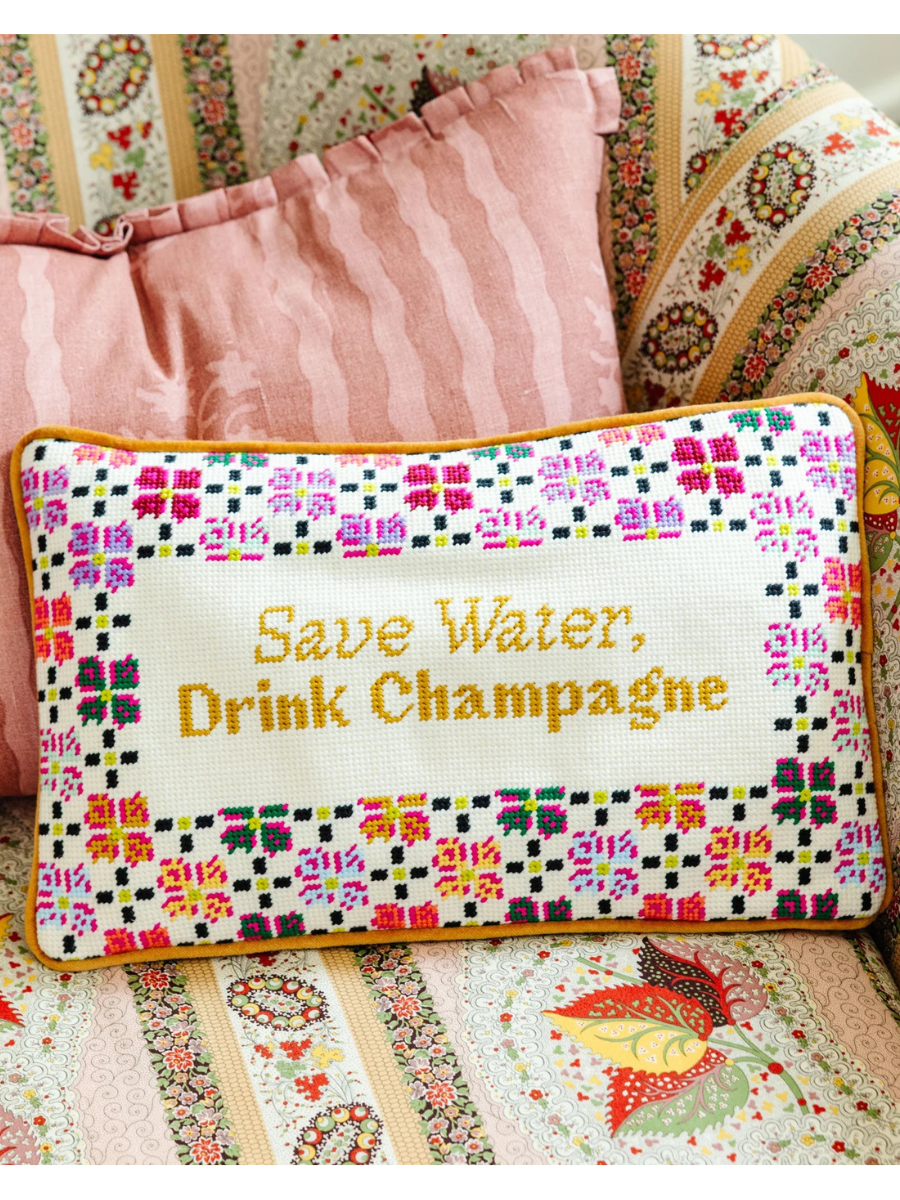 Drink Champagne Needlepoint Pillow