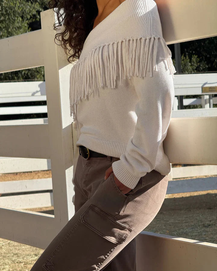 Simone Fringe Sweater in Pale Oak