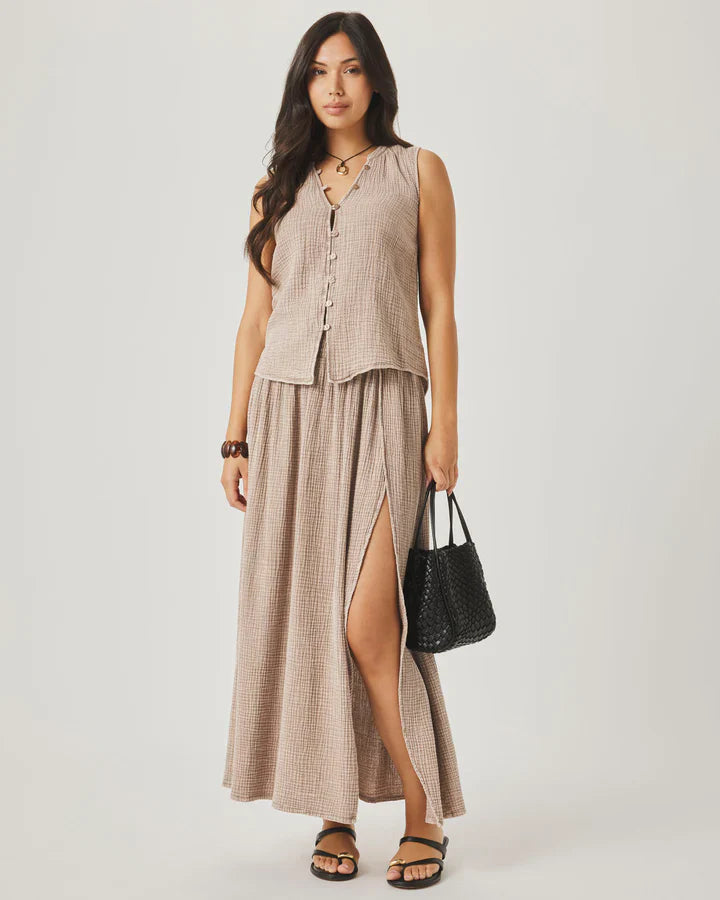 Ava Gauze Button Tank in Light Wicker