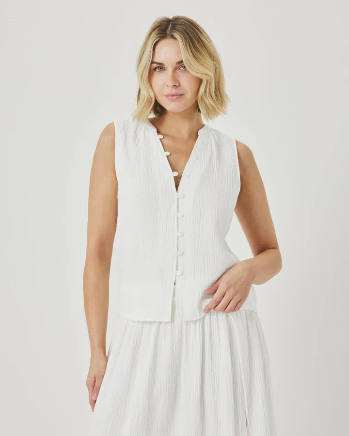 Ava Gauze Button Tank in White