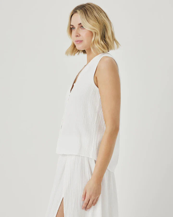Ava Gauze Button Tank in White