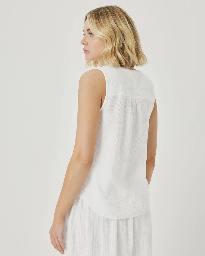 Ava Gauze Button Tank in White