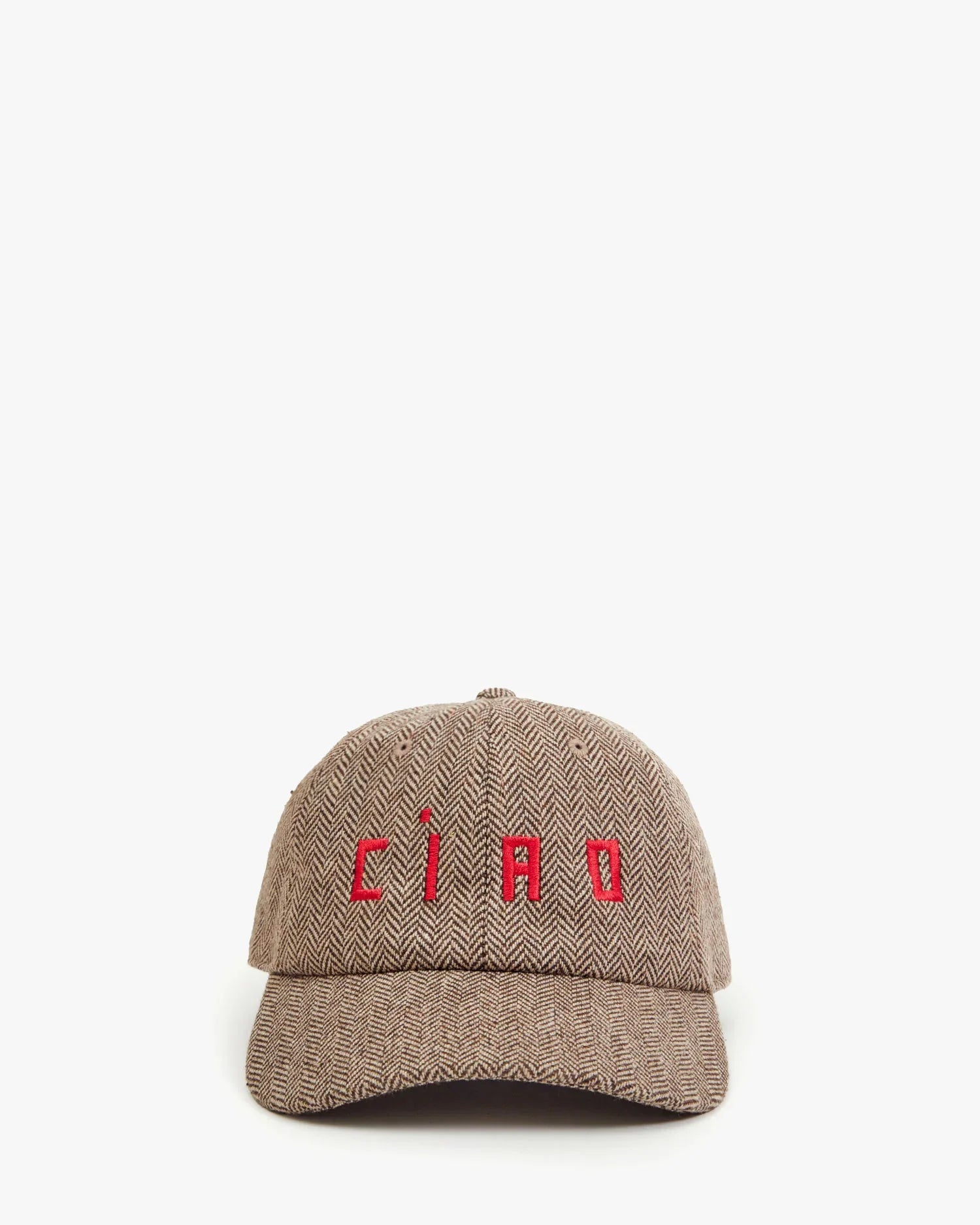 Wool Baseball Hat in Taupe w/ Super Red Embroidered Ciao