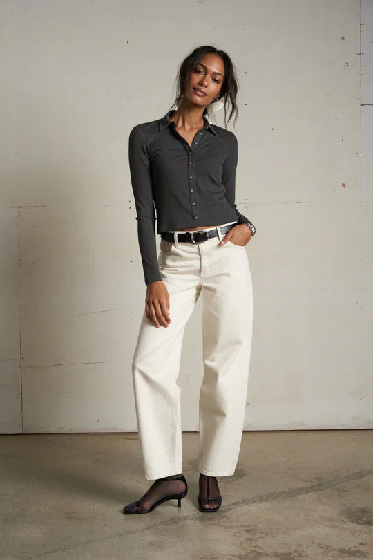 Amee Rib Long Sleeve Polo in Charcoal