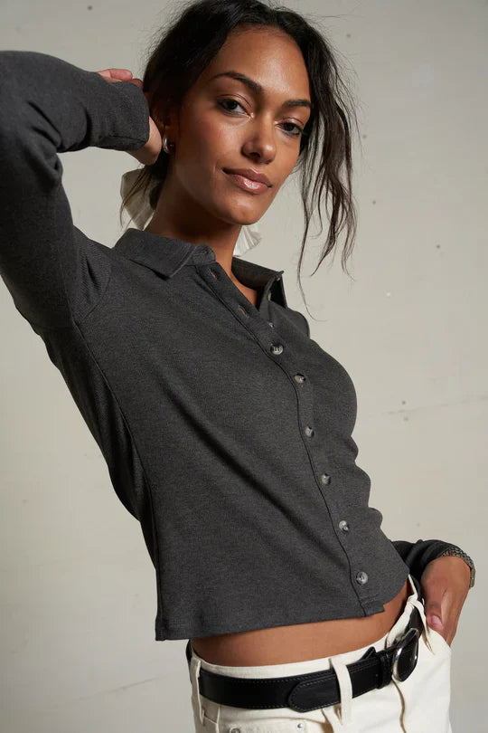 Amee Rib Long Sleeve Polo in Charcoal
