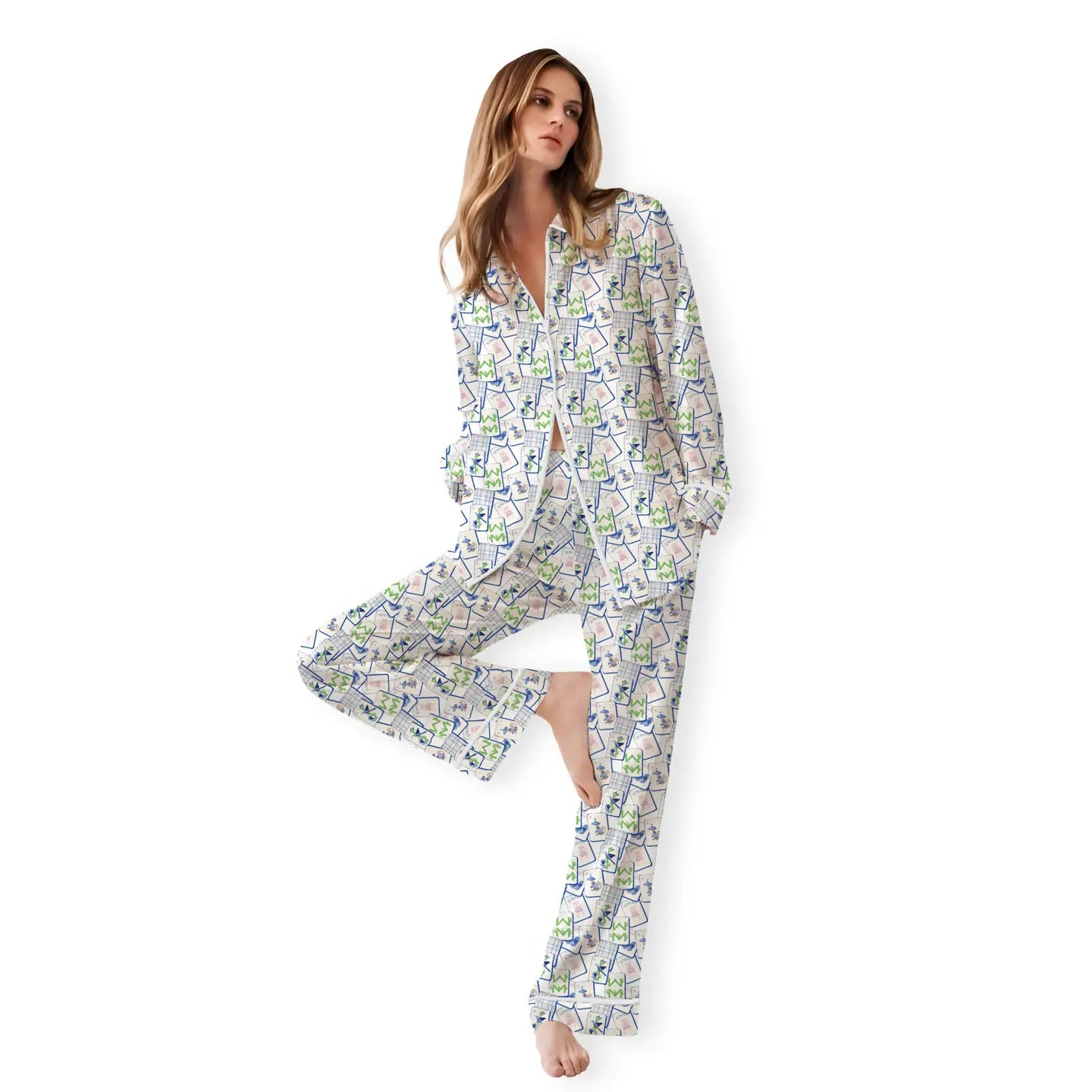 Pajama Set in Mahjong Blue Tiles