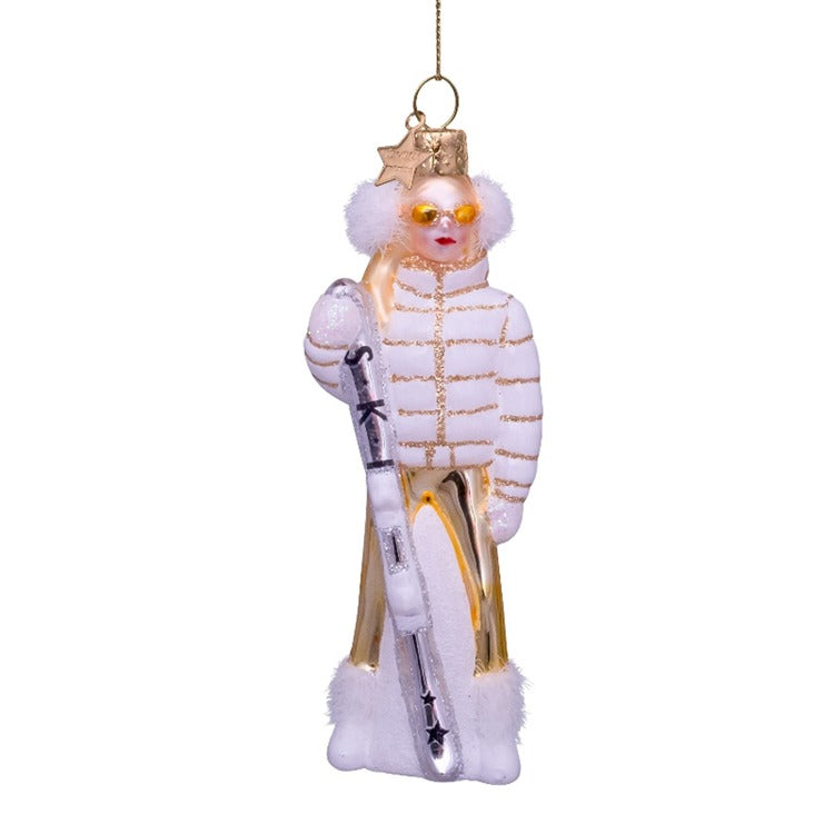 Glass White Ski Lady Ornament