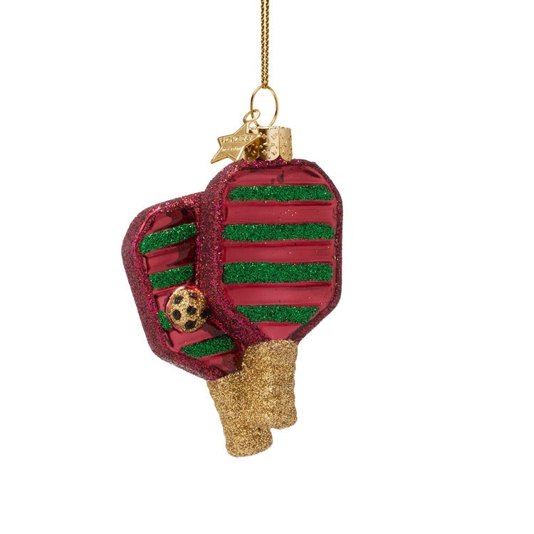 Glass Red Green Pickleball Ornament